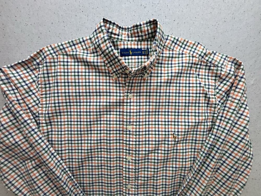 Polo Ralph Lauren Men XLT Tall Plaid Oxford Button Shirt Orange Green Blue Pony